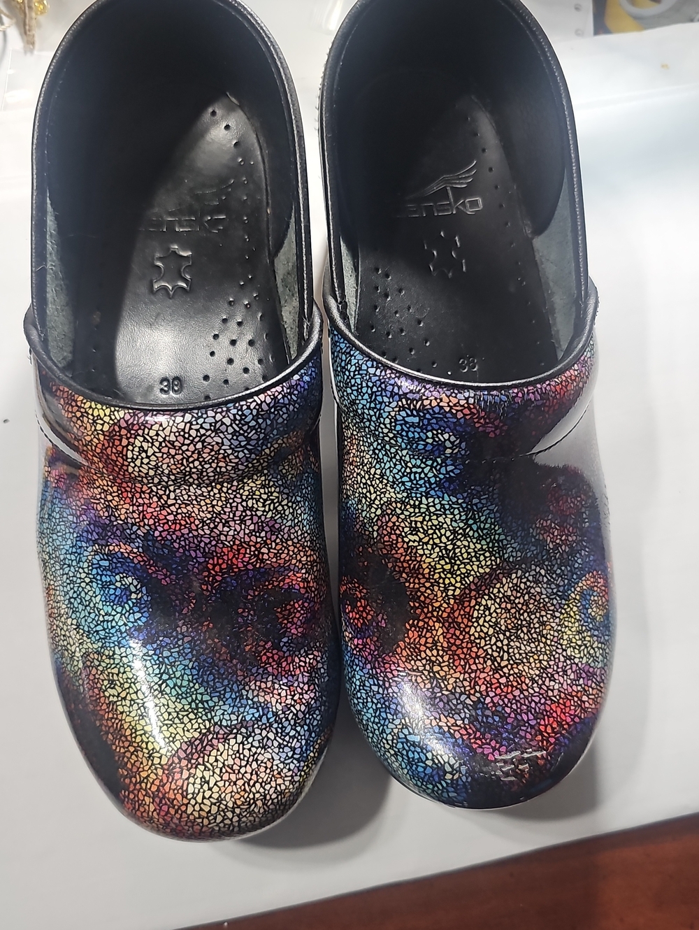 Dansko Multicolor Crackle Patent Leather Clogs